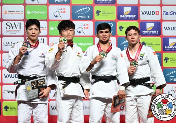 -60kg Medalists. From left, LEE, Harim, FUKUDA, Yamato, KUCHKAROV, Samariddin, AUGUSTO, Michel.