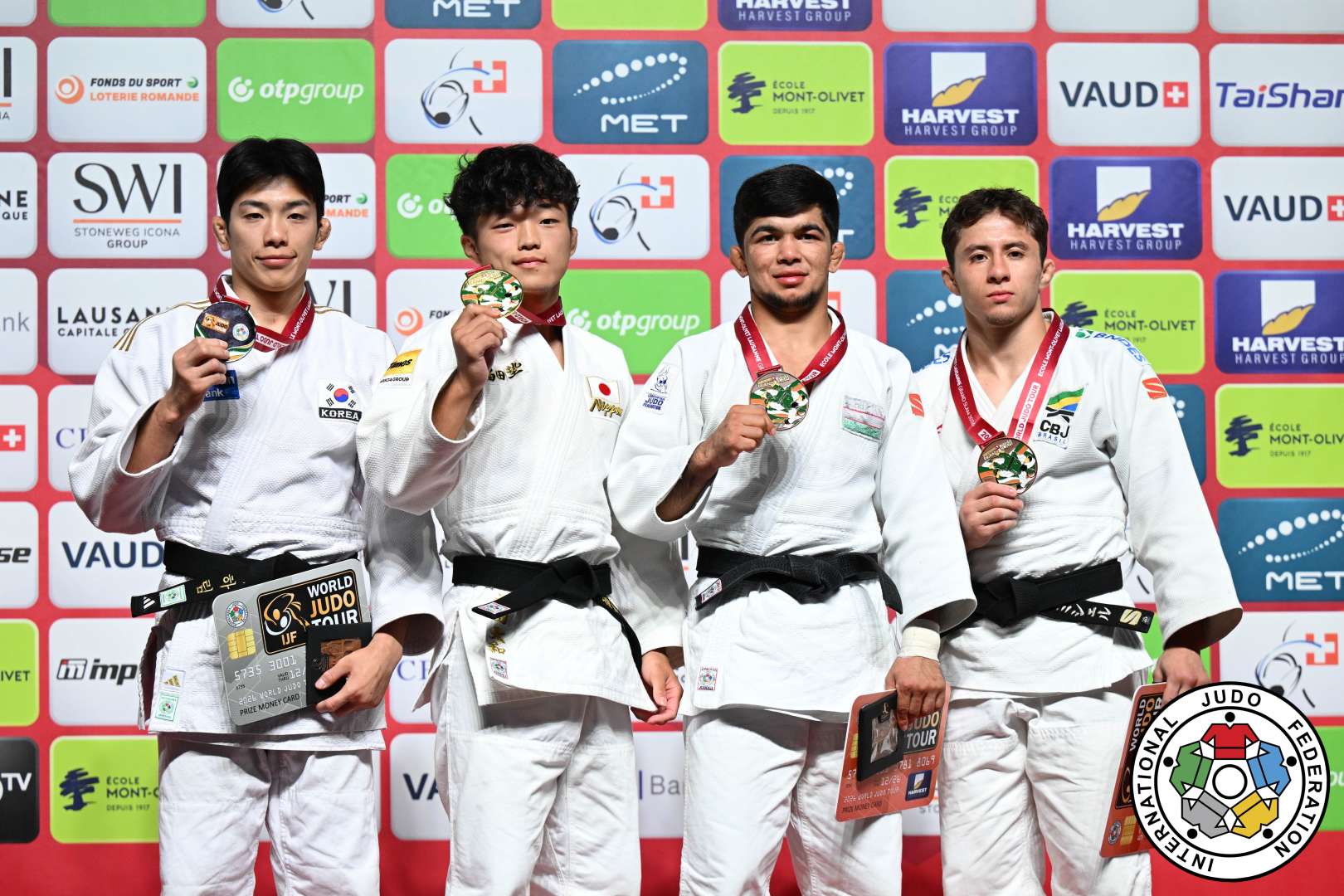 -60kg Medalists. From left, LEE, Harim, FUKUDA, Yamato, KUCHKAROV, Samariddin, AUGUSTO, Michel.
