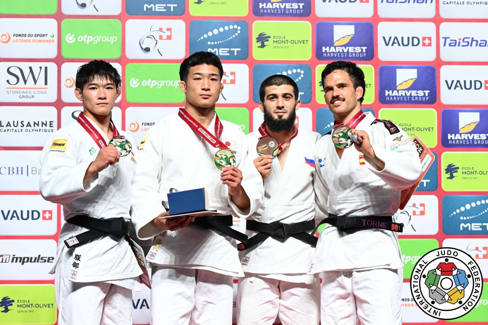 -66kg Medalists. From left, HATTORI, Shinsei, KENTOKU, Kairi, ABDULAEV, Ramazan, GARCIA TORNE, David.