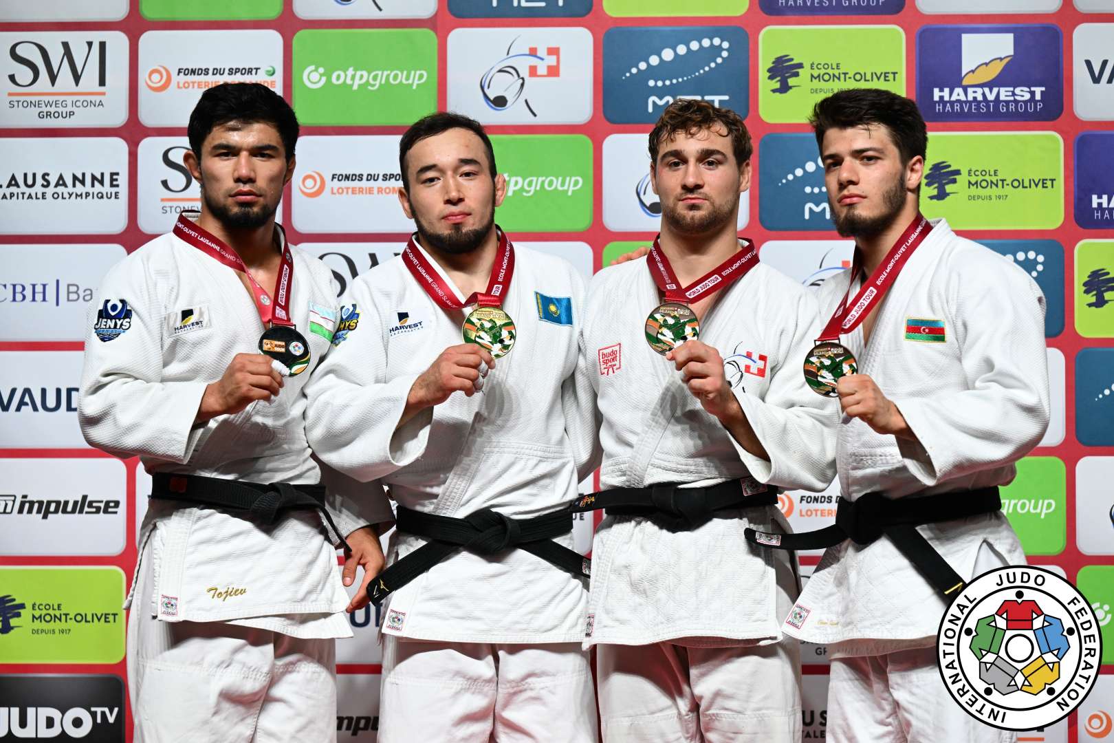 -81kg Medalists. From left, TOJIEV, Arslonbek, ZHUBANAZAR, Abylaikhan, BONFERRONI, Aurelien, RAJABLI, Omar.
