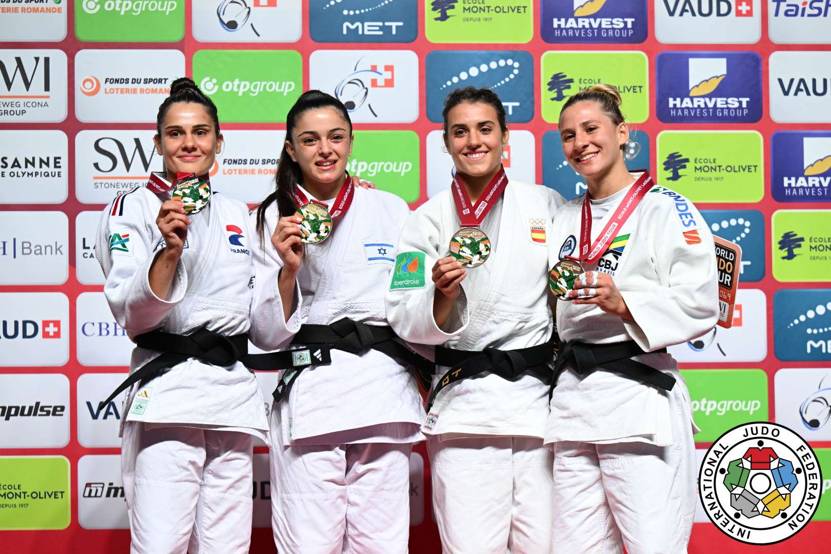 -52kg Medalists. From left, PONT, Blandine, PRIMO, Gefen, TORO SOLER, Ariane, RODRIGUES, Rafaela.