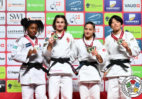 -57kg Medalists. From left, CYSIQUE, Sarah Leonie, LIPARTELIANI, Eteri, CARNA, Giulia, TAKANO, Ayami.