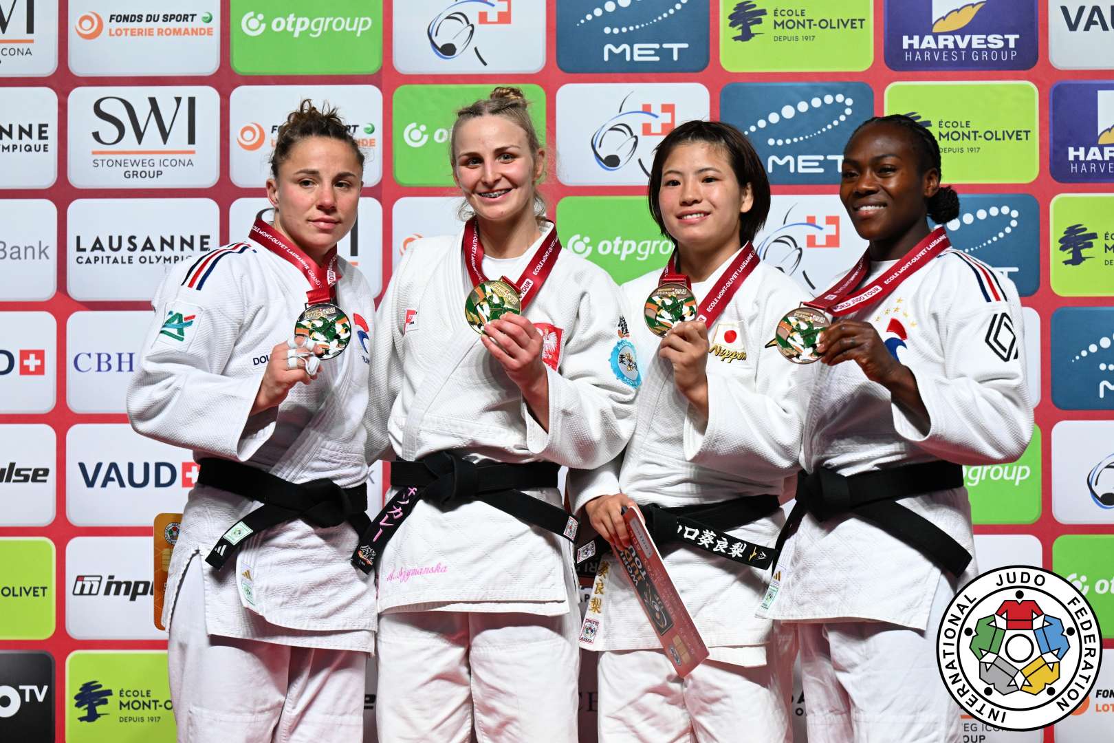 -63kg Medalists. From left, DEKETER, Manon, SZYMANSKA, Angelika, YAMAGUCHI, Kirari, AGBEGNENOU, Clarisse.