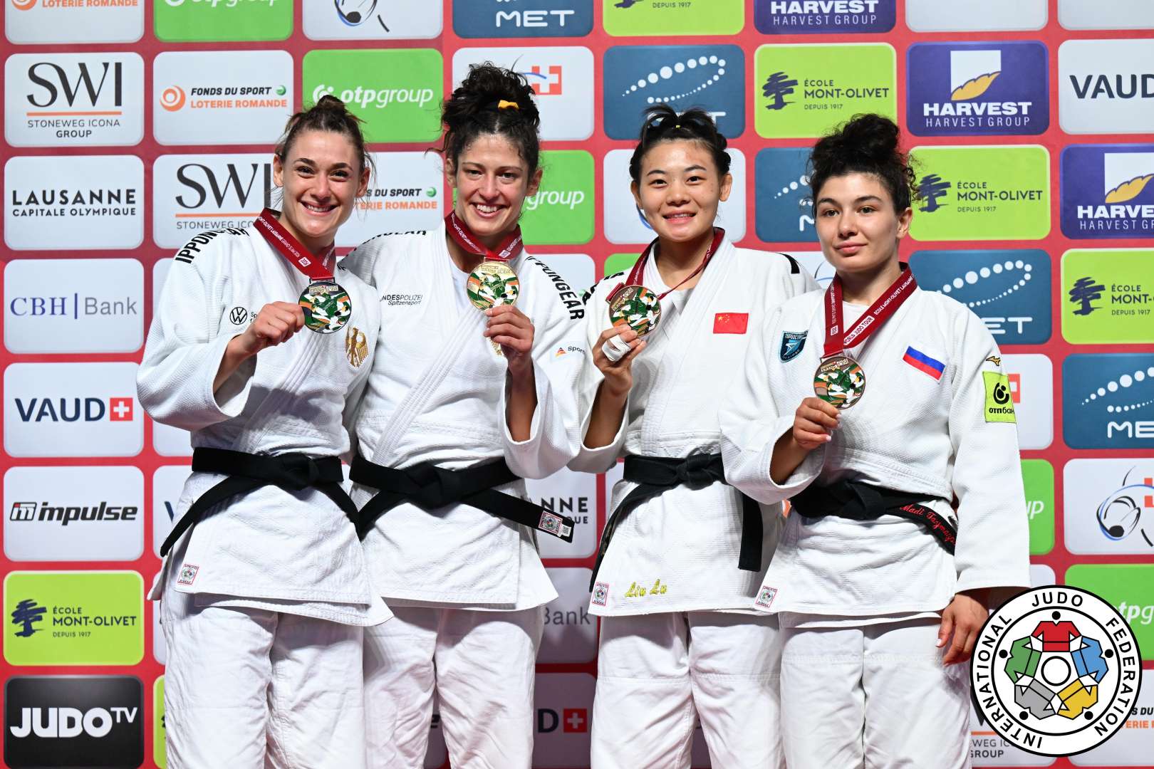 -70kg Medalists. From left, SCOCCIMARRO, Giovanna, BUTKEREIT, Miriam, LIU, Lu, TAIMAZOVA, Madina.