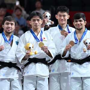-60kg Medalists. From left, SMETOV, Yeldos, KONDO, Hayato, MA, Yulin, KUCHKAROV, Samariddin.