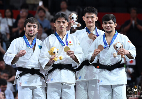 -60kg Medalists. From left, SMETOV, Yeldos, KONDO, Hayato, MA, Yulin, KUCHKAROV, Samariddin.