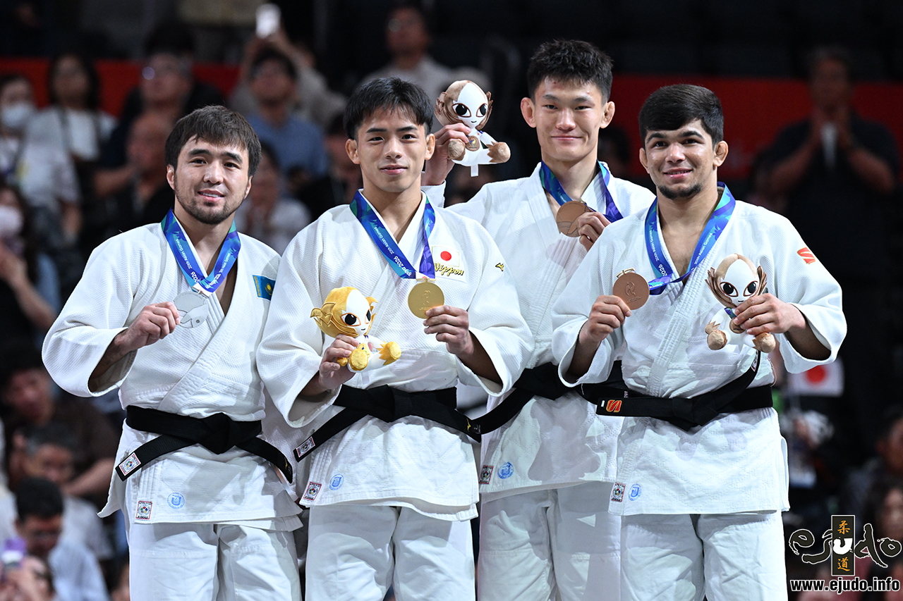 -60kg Medalists. From left, SMETOV, Yeldos, KONDO, Hayato, MA, Yulin, KUCHKAROV, Samariddin.