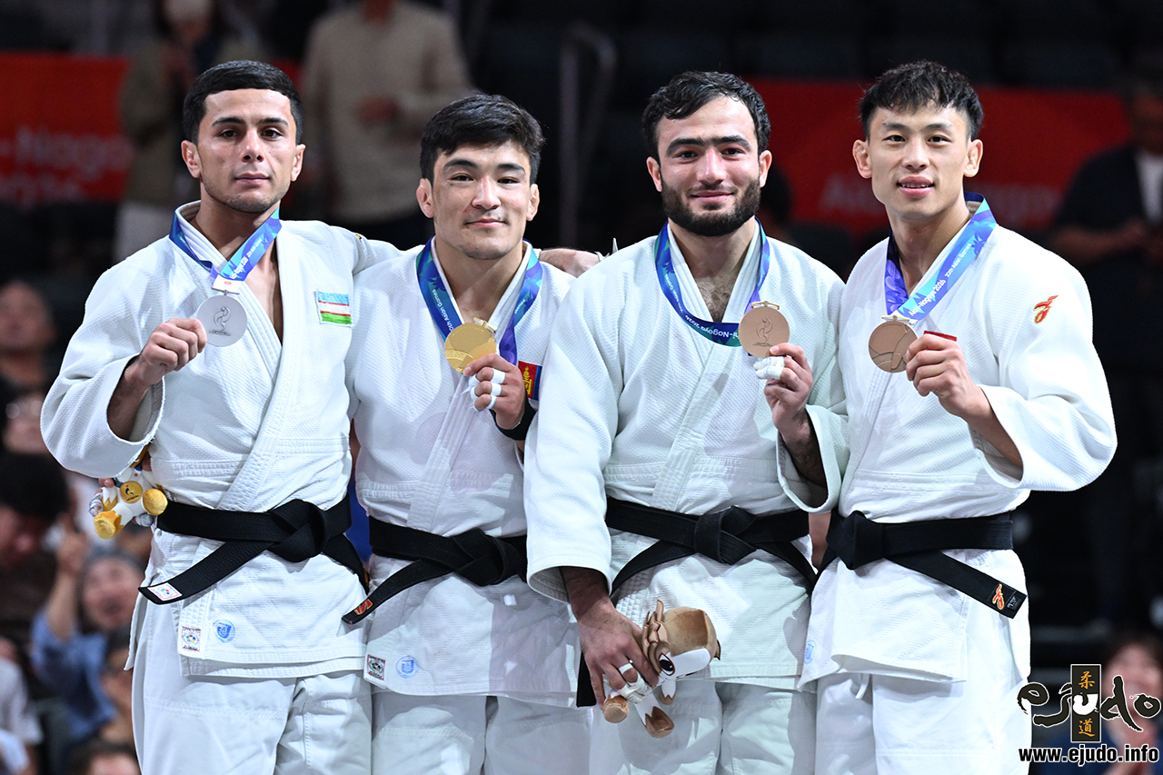 -66kg Medalists. From left, NUTFULLOEV, Abdurakhim, KAZIRBYEK, Yolk, BOQIEV, Sukhrob, XUE, Ziyang.