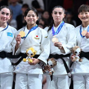 -48kg Medalists. From left, ABUZHAKYNOVA, Abiba, KONDO, Mitsuki, MUMINOVA, Akhliya, GANBAATAR, Narantsetseg.
