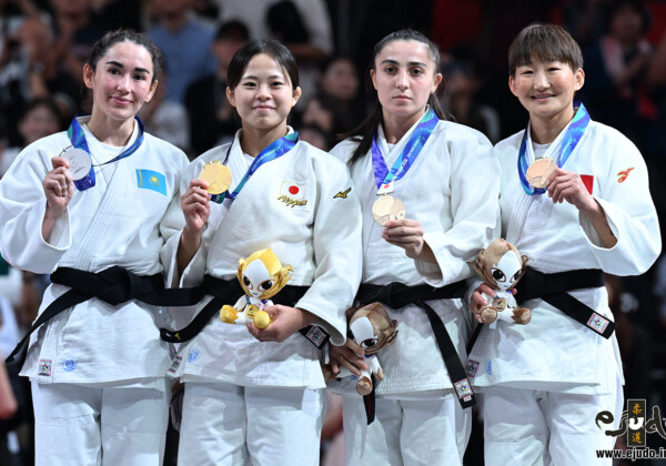 -48kg Medalists. From left, ABUZHAKYNOVA, Abiba, KONDO, Mitsuki, MUMINOVA, Akhliya, GANBAATAR, Narantsetseg.