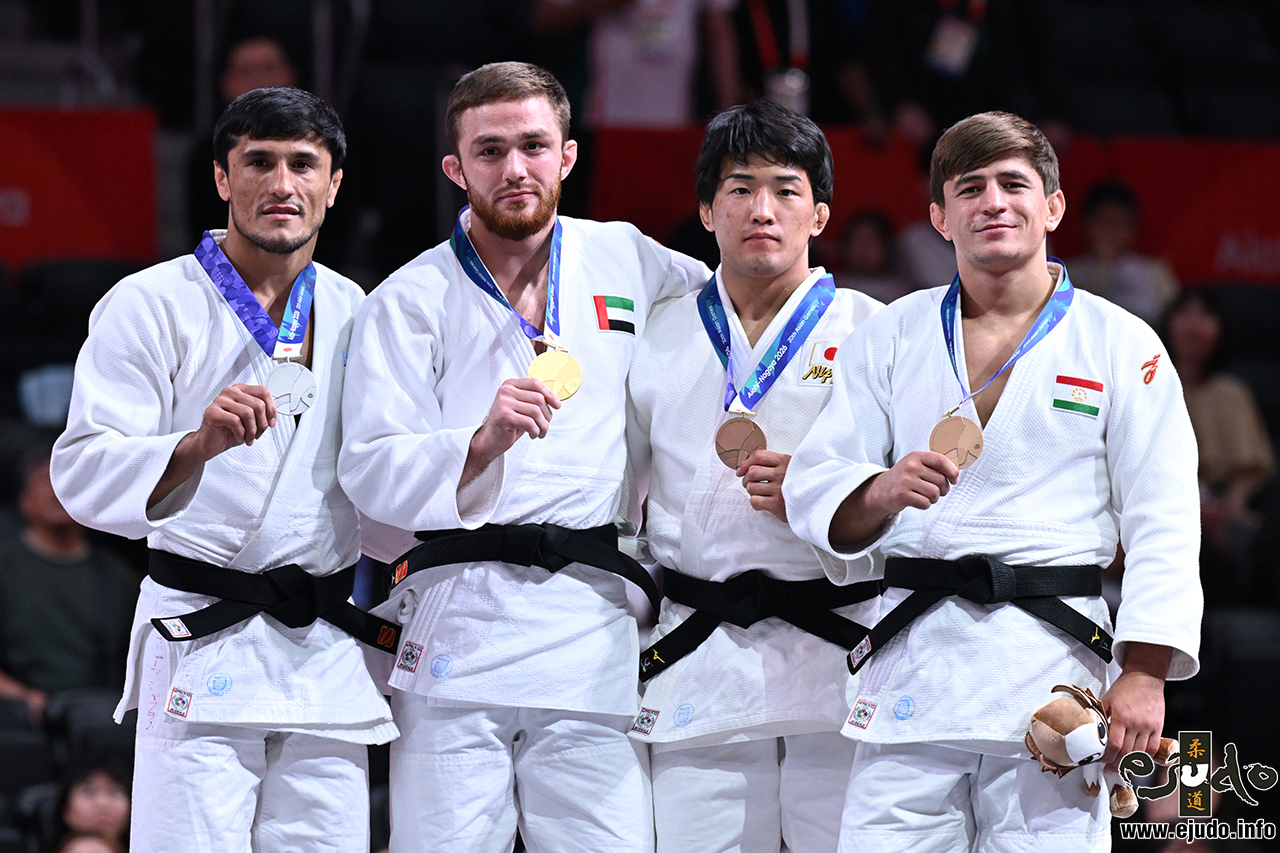 -73kg Medalists. From left, AHADOV, Shakhram, NAGUCHEV, Kazbek, ISHIHARA, Tatsuki, ASADULLOEV, Muhiddin.