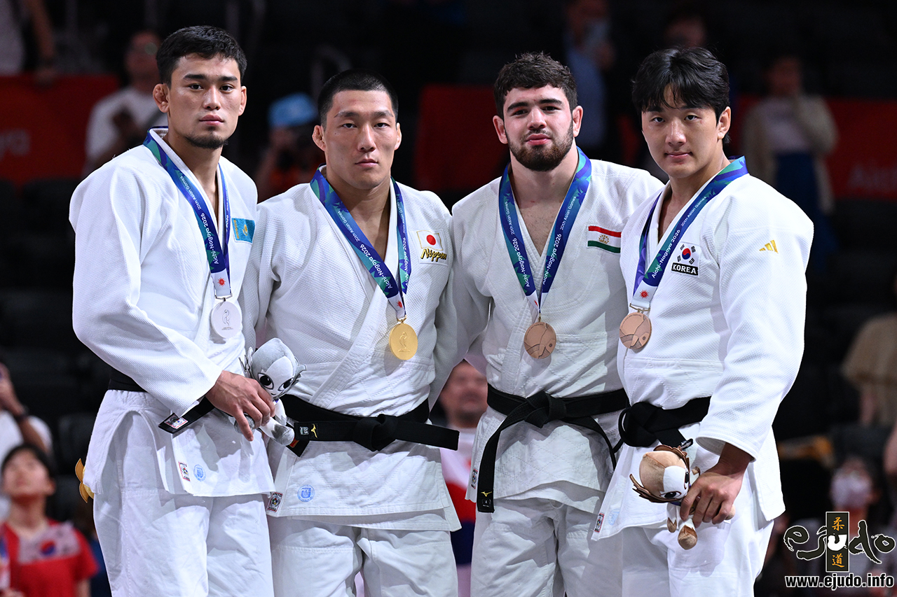 -81kg Medalists. From left, ALMAT, Adilet, FUJIWARA, Sotaro, SHEROV, Abubakr, LEE, Joonhwan.