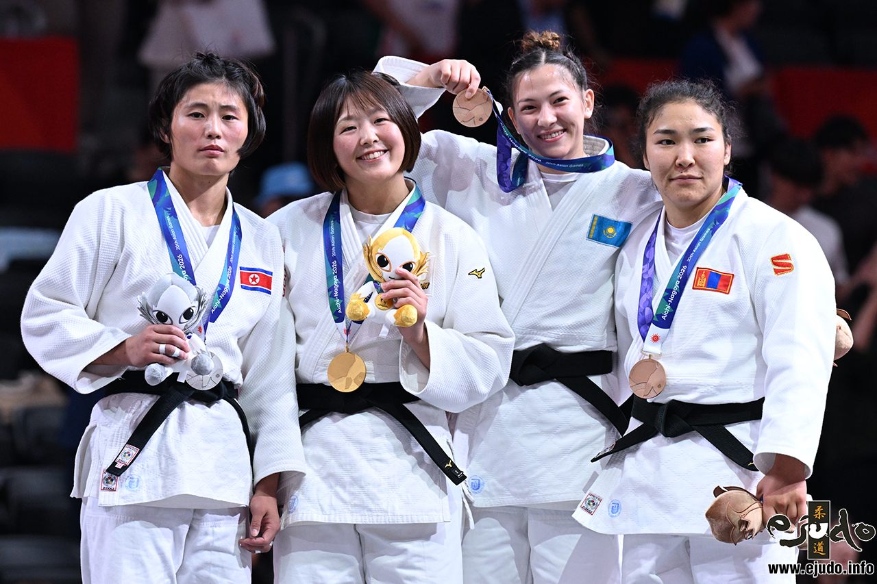 -63kg Medalists. From left, KIM, Ji Hye, TANIOKA, Narumi, KUYULOVA, Esmigul, LKHAGVATOGOO, Enkhriilen.