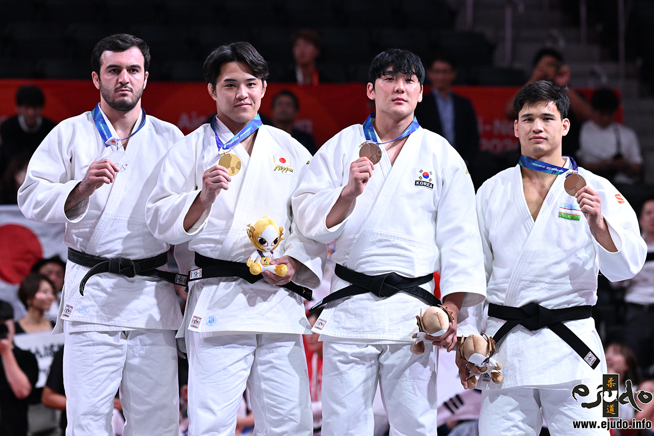 -100kg Medalists. From left, MADZHIDOV, Dzhakhongir, MASUCHI, Ryotaro, HAN, Juyeop, SARSENBAEV, Ernazar.