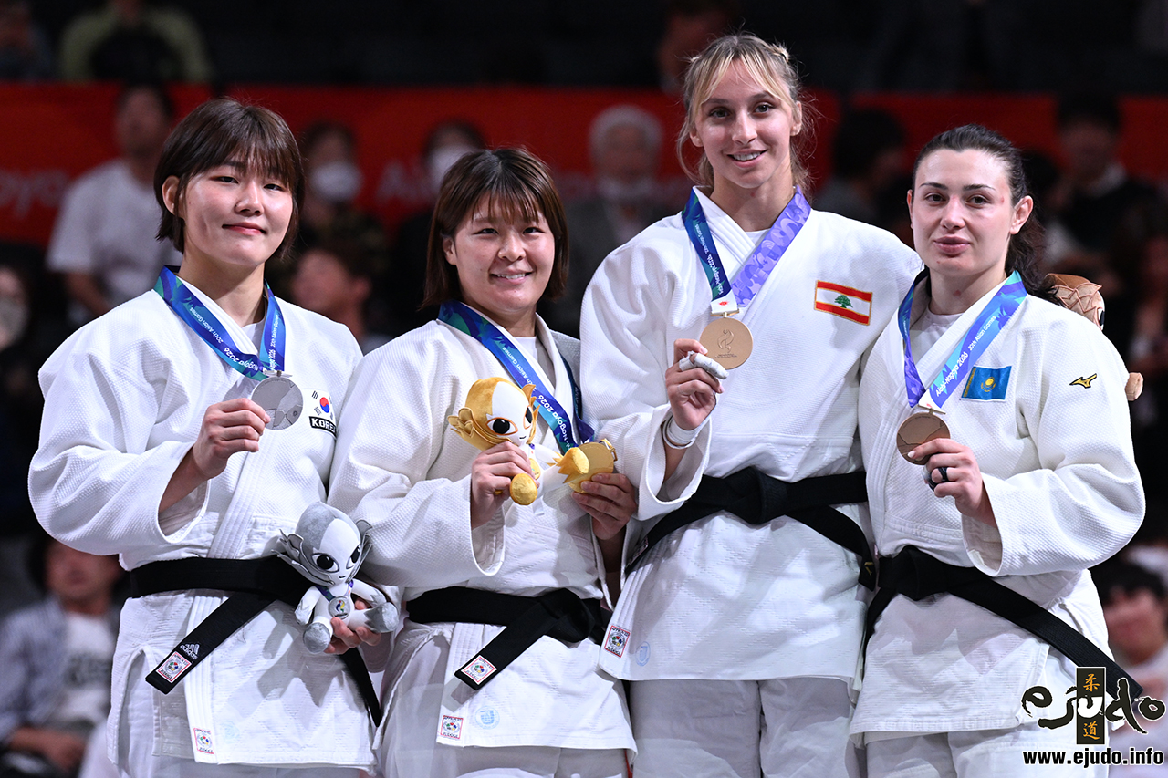 -78kg Medalists. From left, KIM, Minju, SUGIMURA, Mizuki, CHAYEB, Aqulina, TOKAREVA, Ekaterina.