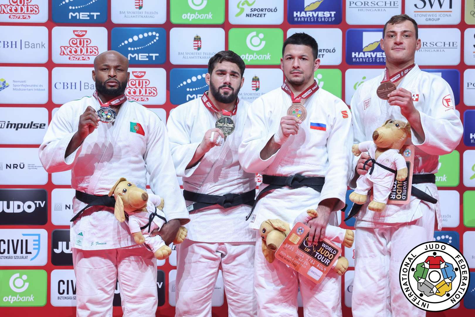 -100kg Medalists. From left, FONSECA, Jorge, PIRELLI, Gennaro, BILALOV, Niiaz, EICH, Daniel.