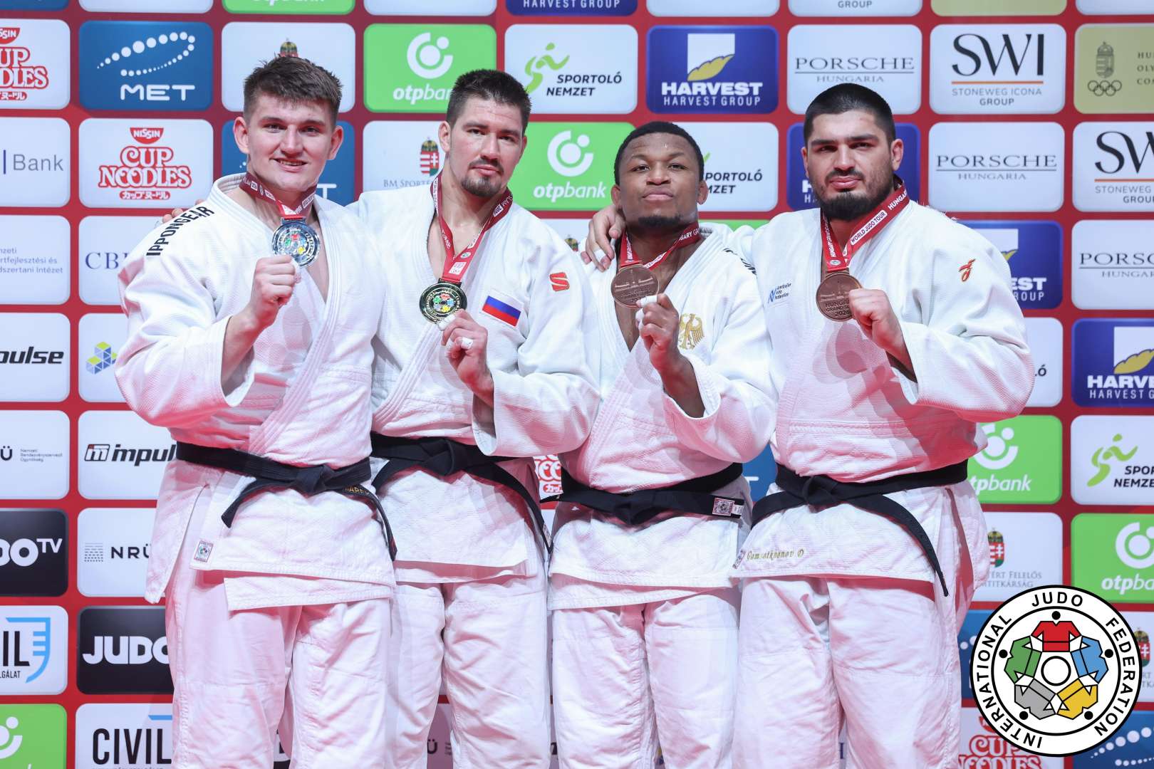 +100kg Medalists. From left, MASAK, Marek-Adrian, ENDOVITSKII, Valerii, KONE, Losseni, GAMZATKHANOV, Dzhamal.