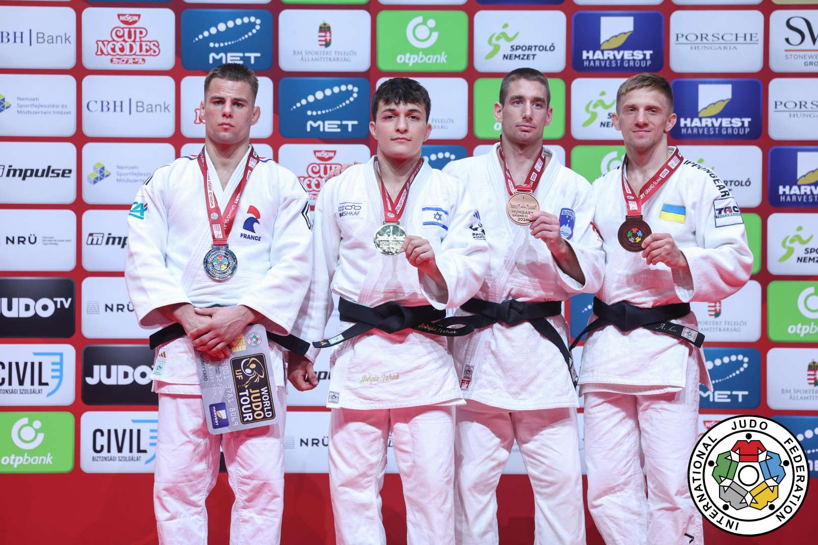 -60kg Medalists. From left, JEAN, Enzo, ASHPIZ, Izhak, STARKEL, David, LESIUK, Artem.