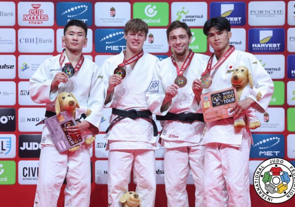 -66kg Medalists. From left, ULZIIBAYAR, Byambasuren, YOTOV, Boyan, VIERU, Denis, SEKI, Ryusei.