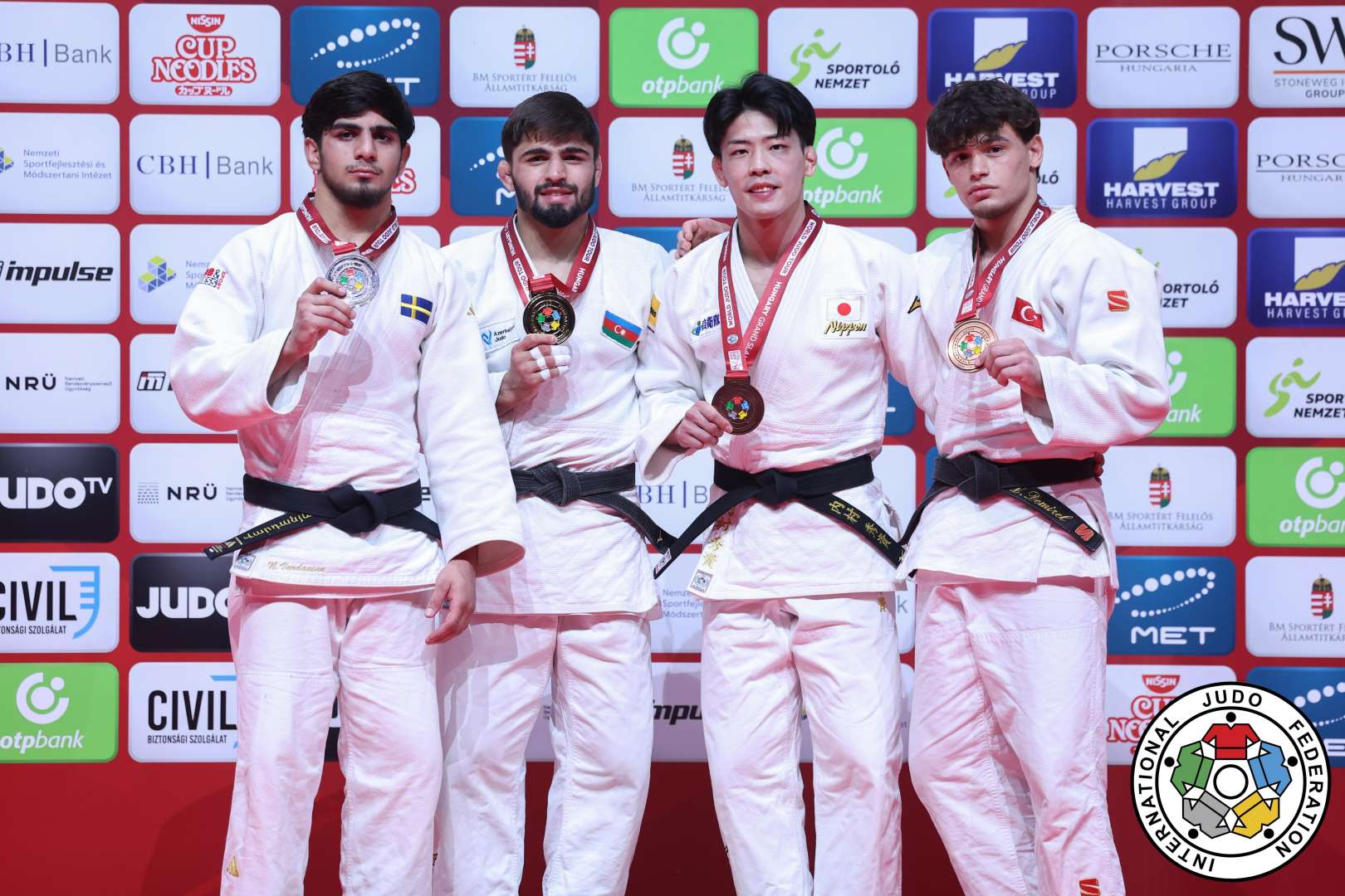 -73kg Medalists. From left, VARDANIAN, Narek, MAMMADALIYEV, Rashid, UCHIMURA, Shusuke, DEMIREL, Ibrahim.