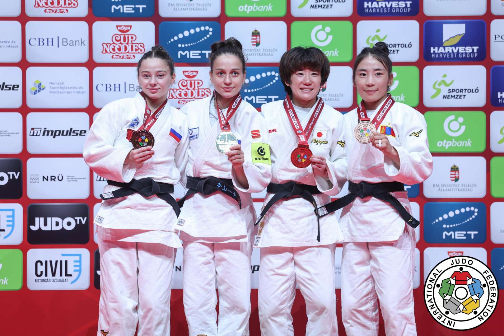 -48kg Medalists. From left, DUDINA, Kristina, GILIAZOVA, Sabina, ARAKAWA, Tomoka, BAVUUDORJ, Baasankhuu.