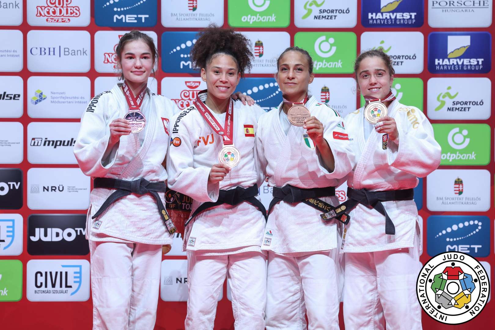 -52kg Medalists. From left, TWAROWSKA, Barbara, LEIVA SANCHEZ, Ayumi, GIUFFRIDA, Odette, BODNAROVA, Tereza.