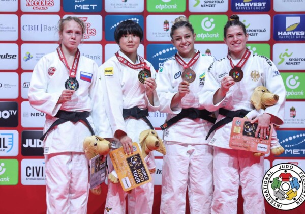 -57kg Medalists. From left, MUKHINA, Olga, FUNAKUBO, Haruka, SOUZA, Sarah, BALLHAUS, Seija.