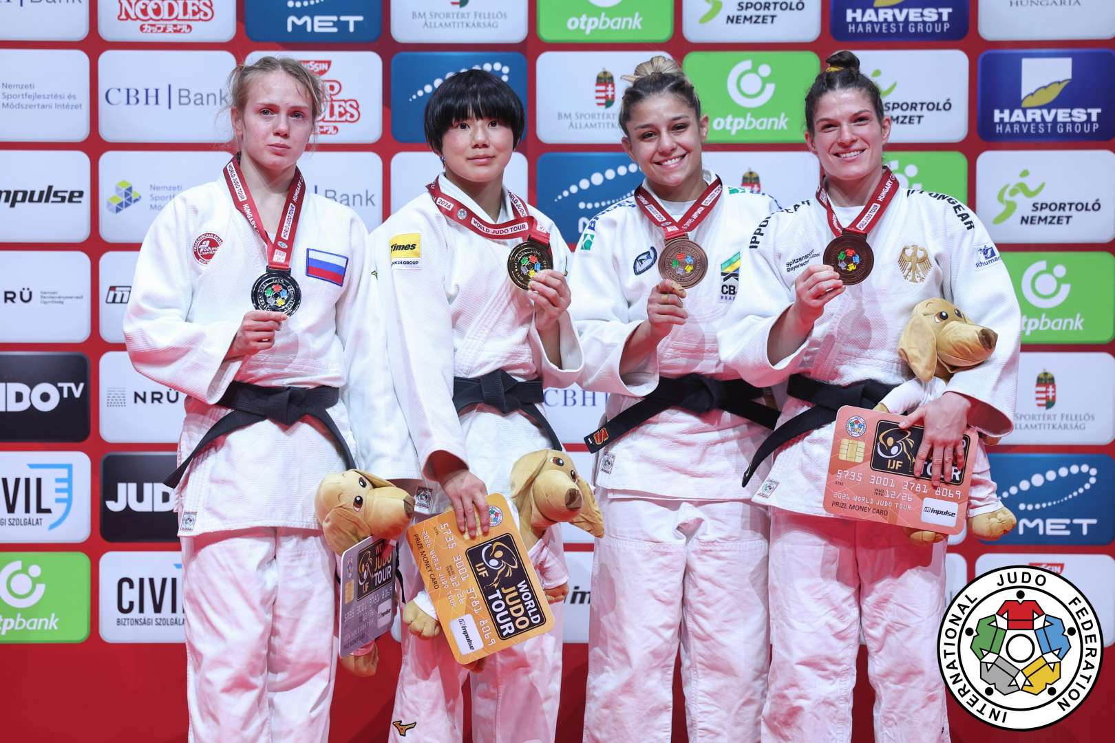 -57kg Medalists. From left, MUKHINA, Olga, FUNAKUBO, Haruka, SOUZA, Sarah, BALLHAUS, Seija.