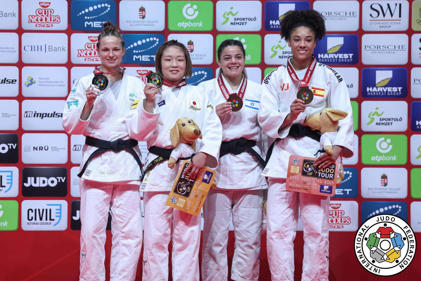 -63kg Medalists. From left, KAJZER ZABKAR, Kaja, DANNO, Megu, PRIMO, Kerem, SANCHEZ BENITEZ, Ariela.