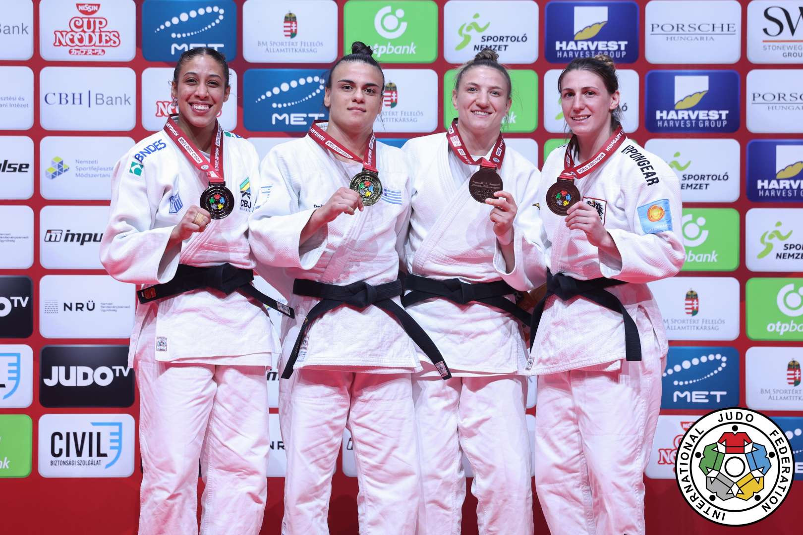 -70kg Medalists. From left, CARDOSO, Kaillany, TELTSIDOU, Elisavet, MOSCALU, Serafima, POLLERES, Michaela.