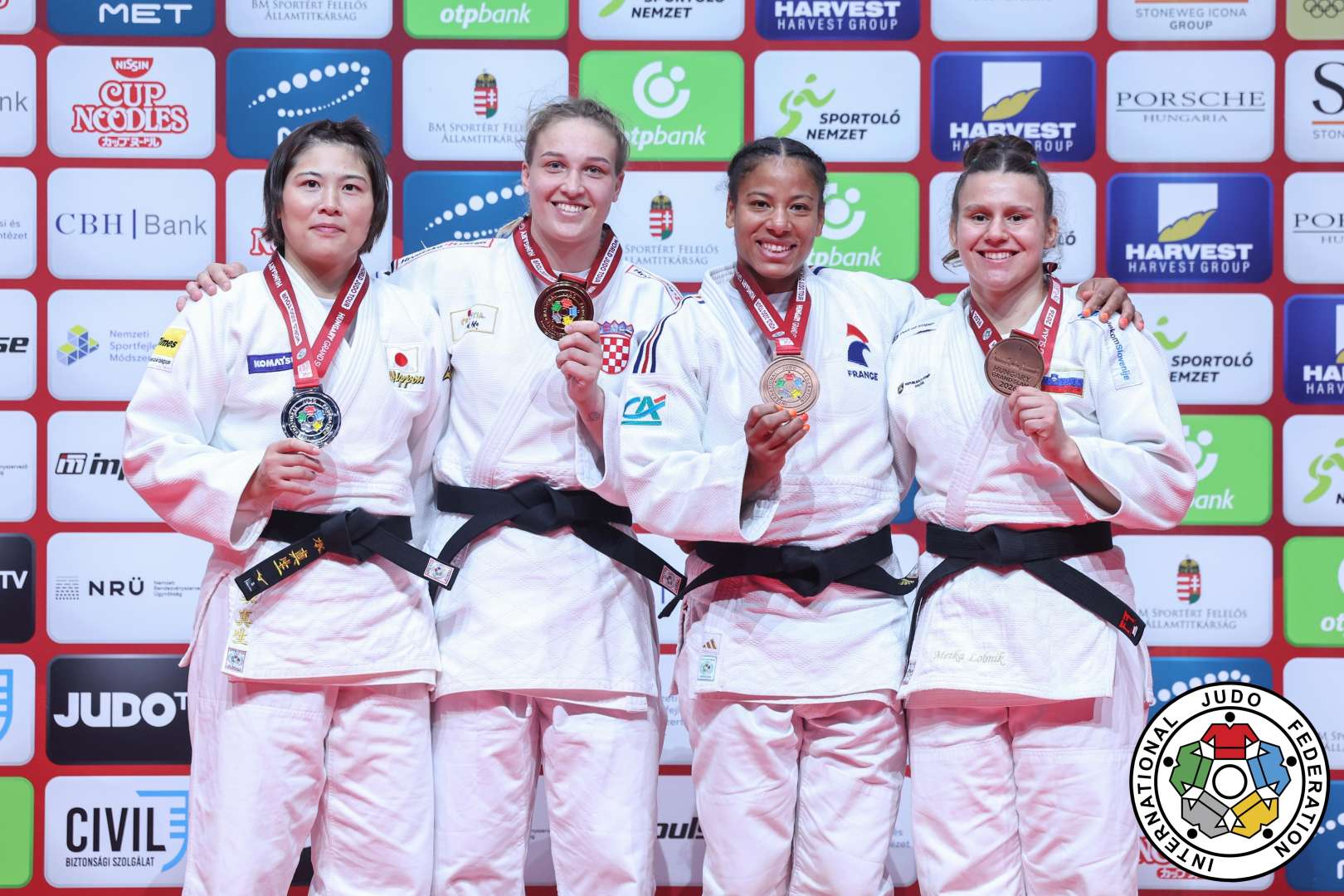 -78kg Medalists. From left, IZUMI, Mao, PAVIC, Petrunjela, POSVITE, Fanny Estelle, LOBNIK, Metka.