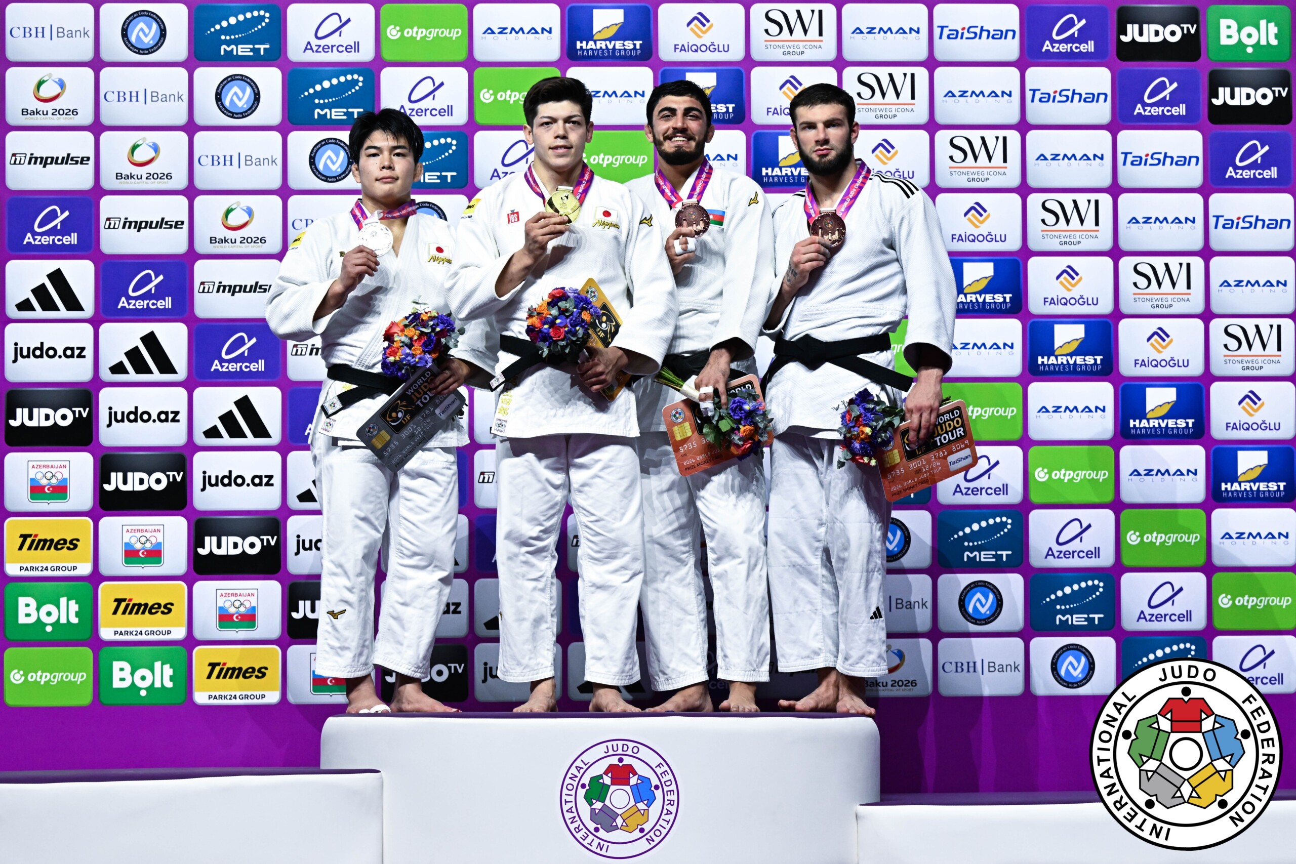 -90kg Medalists. From left, TAJIMA, GOKI, MURAO, Sanshiro, FATIYEV, Murad, RUTOVIC, Boris.