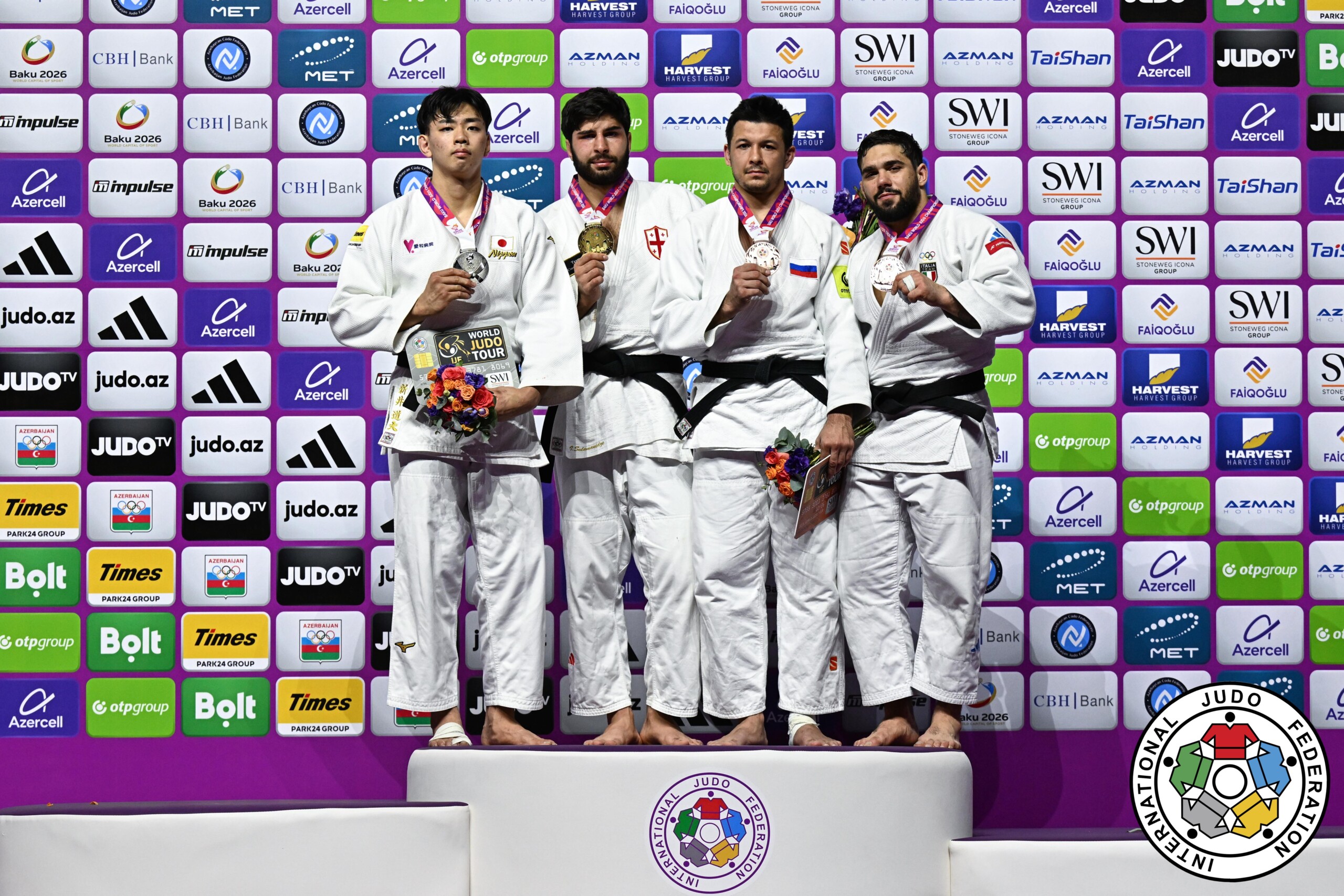 -100kg Medalists. From left, ARAI, Dota, SULAMANIDZE, Ilia, BILALOV, Niiaz, PIRELLI, Gennaro.