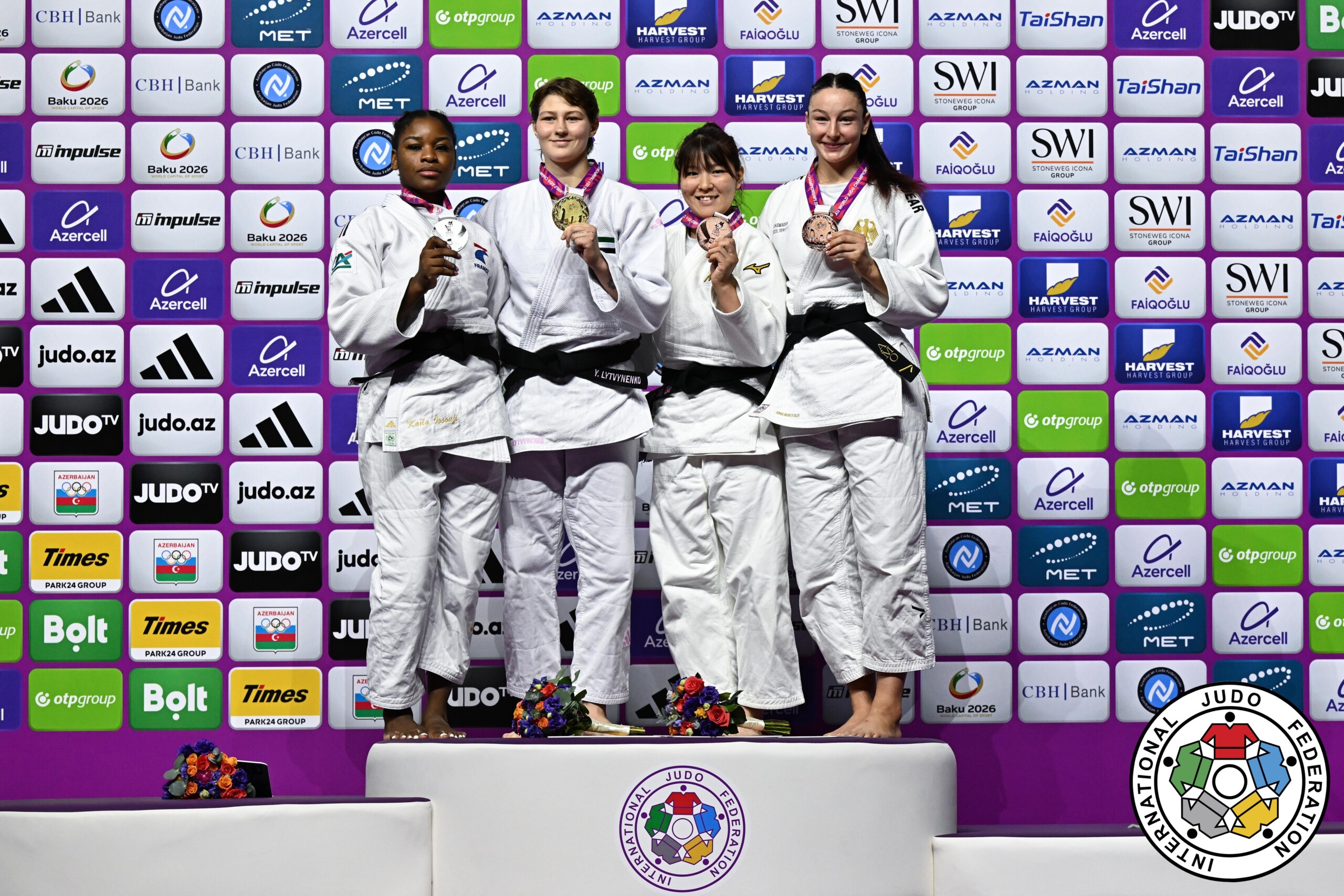 -78kg Medalists. From left, ISSOUFI, Kaila, LYTVYNENKO, Yelyzaveta, IKEDA, Kurena, OLEK, Anna Monta.