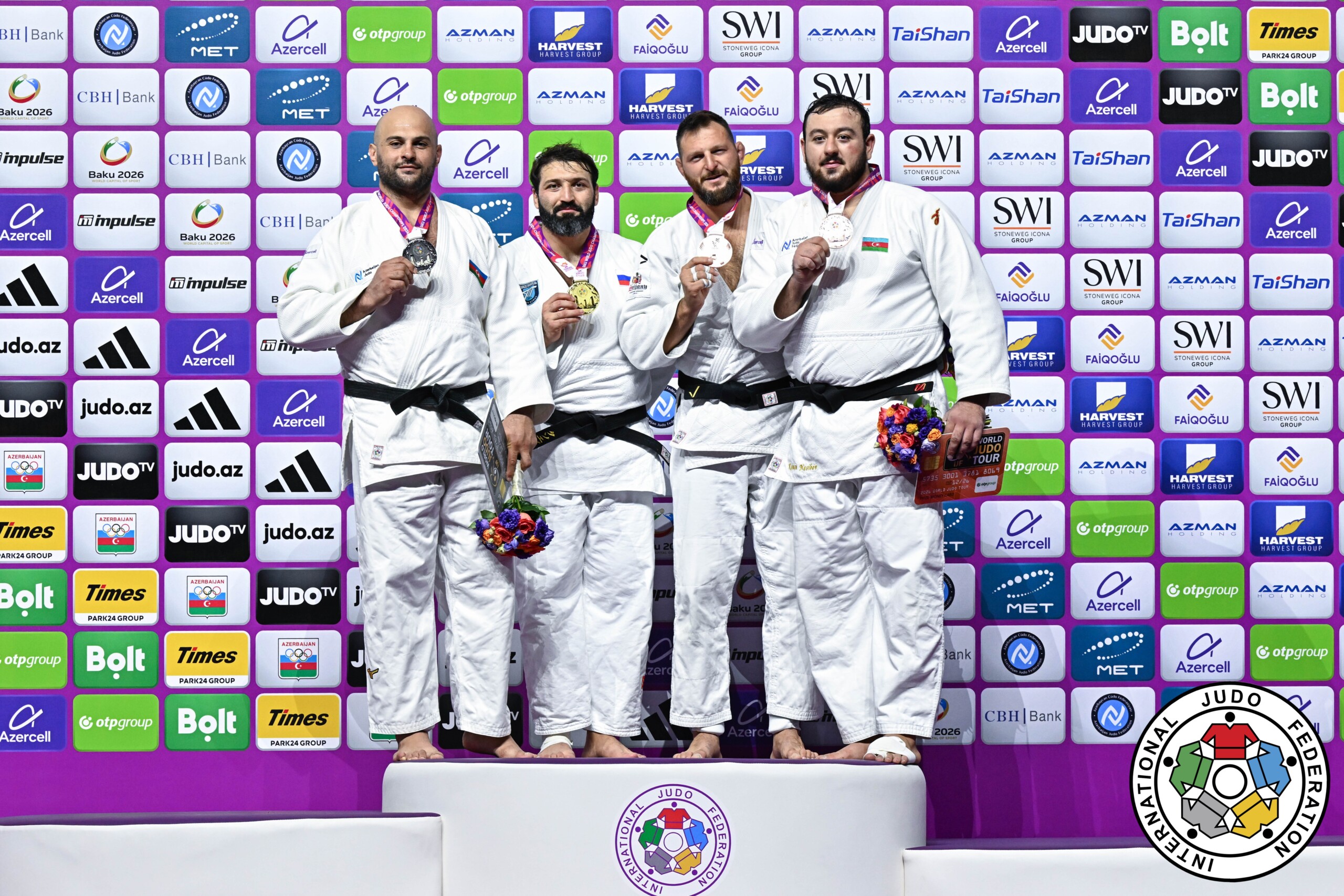 +100kg Medalists. From left, KOKAURI, Ushangi, TASOEV, Inal, KRPALEK, Lukas, NASIBOV, Kanan.