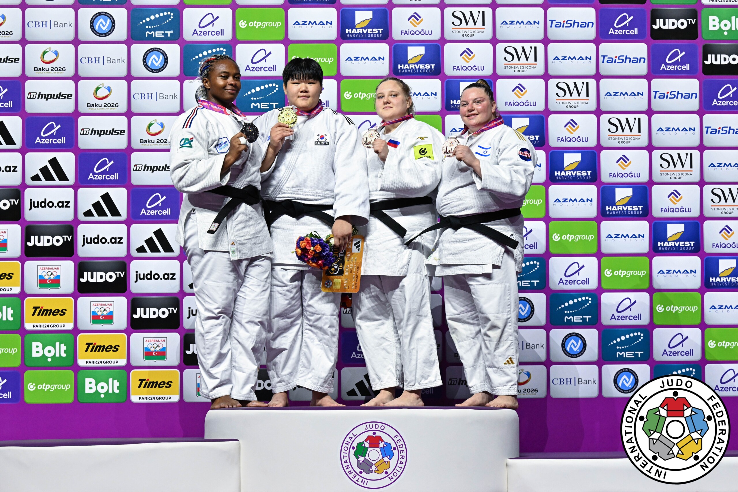 +78kg Medalists. From left, DICKO, Romane, LEE, Hyeonji, IVANOVA, Mariia, HERSHKO, Raz.