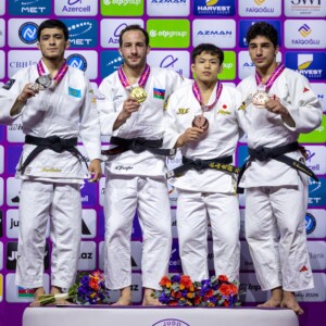 -60kg Medalists. From left, DAVLATOV, Sherzod, YUSIFOV, Ahmad, NAGAYAMA, Ryuju, SARDALASHVILI, Giorgi.