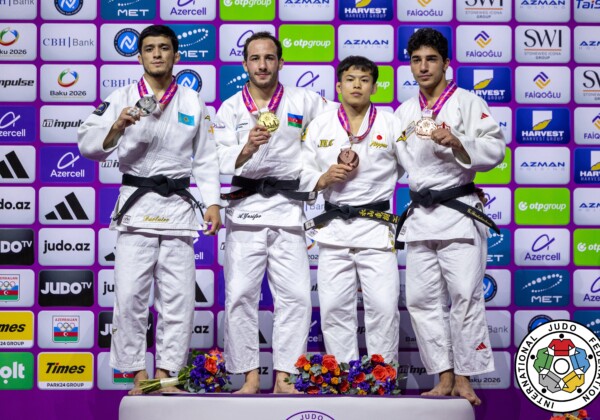-60kg Medalists. From left, DAVLATOV, Sherzod, YUSIFOV, Ahmad, NAGAYAMA, Ryuju, SARDALASHVILI, Giorgi.