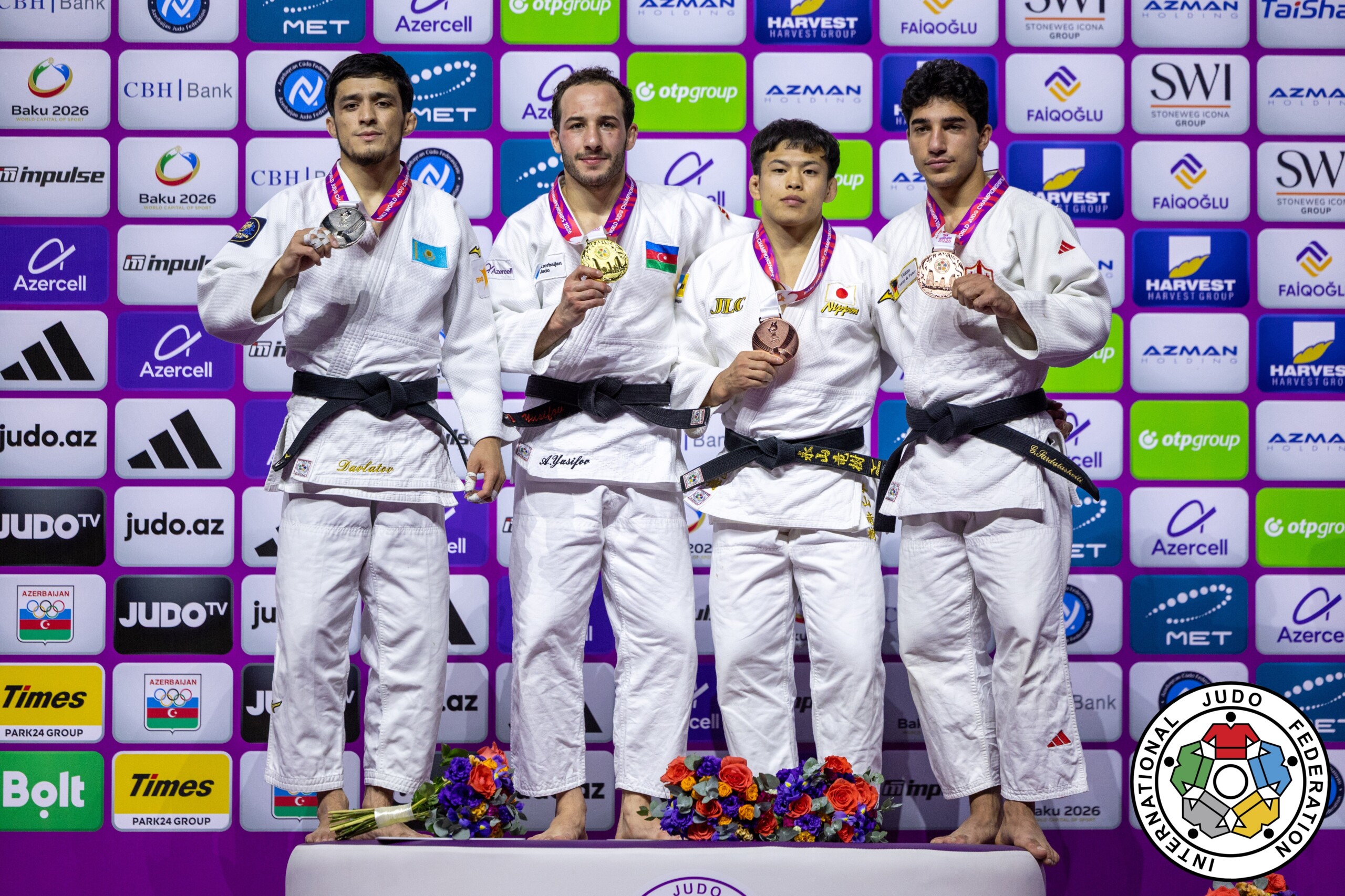 -60kg Medalists. From left, DAVLATOV, Sherzod, YUSIFOV, Ahmad, NAGAYAMA, Ryuju, SARDALASHVILI, Giorgi.