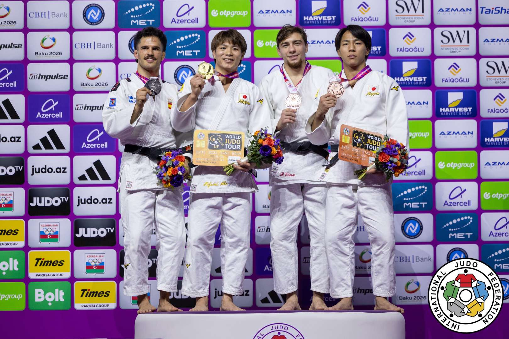 -66kg Medalists. From left, GARCIA TORNE, David, ABE, Hifumi, VIERU, Denis, TAKEOKA, Takeshi.