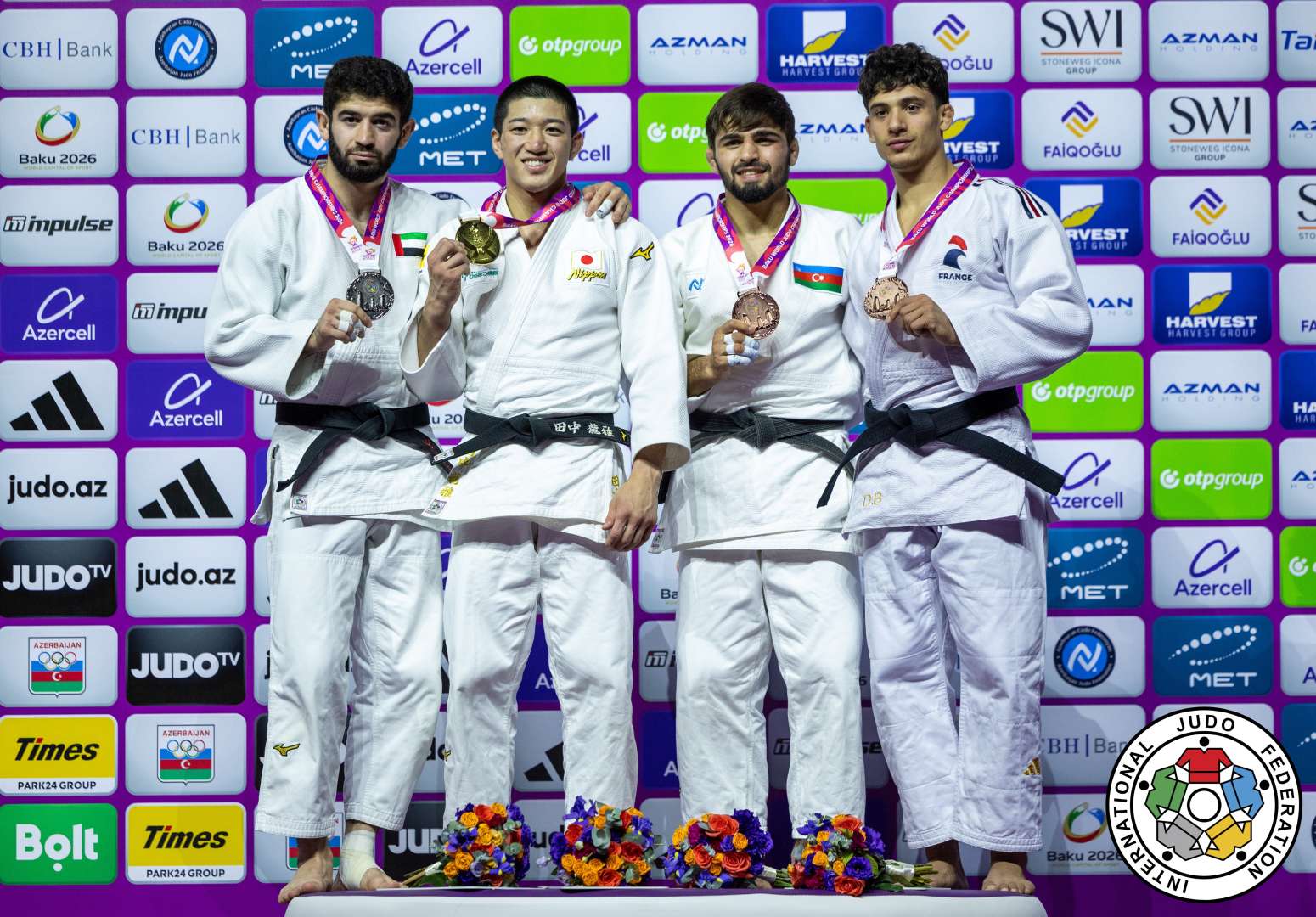 -73kg Medalists. From left, MAKHMADBEKOV, Makhmadbek, TANAKA, Ryuga, MAMMADALIYEV, Rashid, BOULEMTAFES, Dayyan.