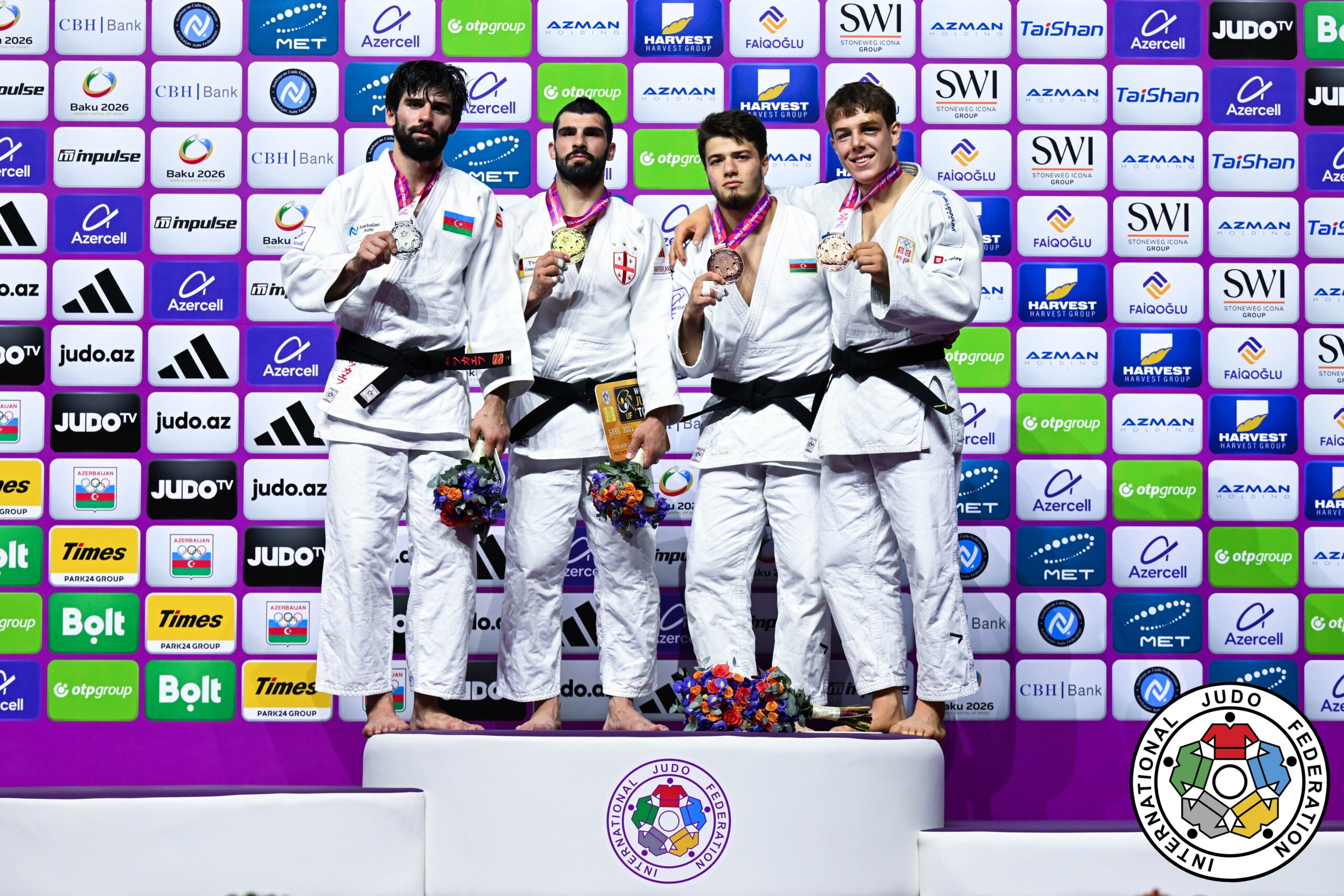 -81kg Medalists. From left, TCKAEV, Zelim, GRIGALASHVILI, Tato, RAJABLI, Omar, SIMIN, Mihajlo.