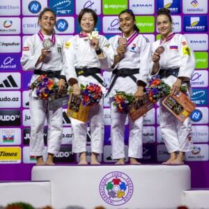 -48kg Medalists. From left, SCUTTO, Assunta, KOGA, Wakana, BOUKLI, Shirine, GILIAZOVA, Sabina.
