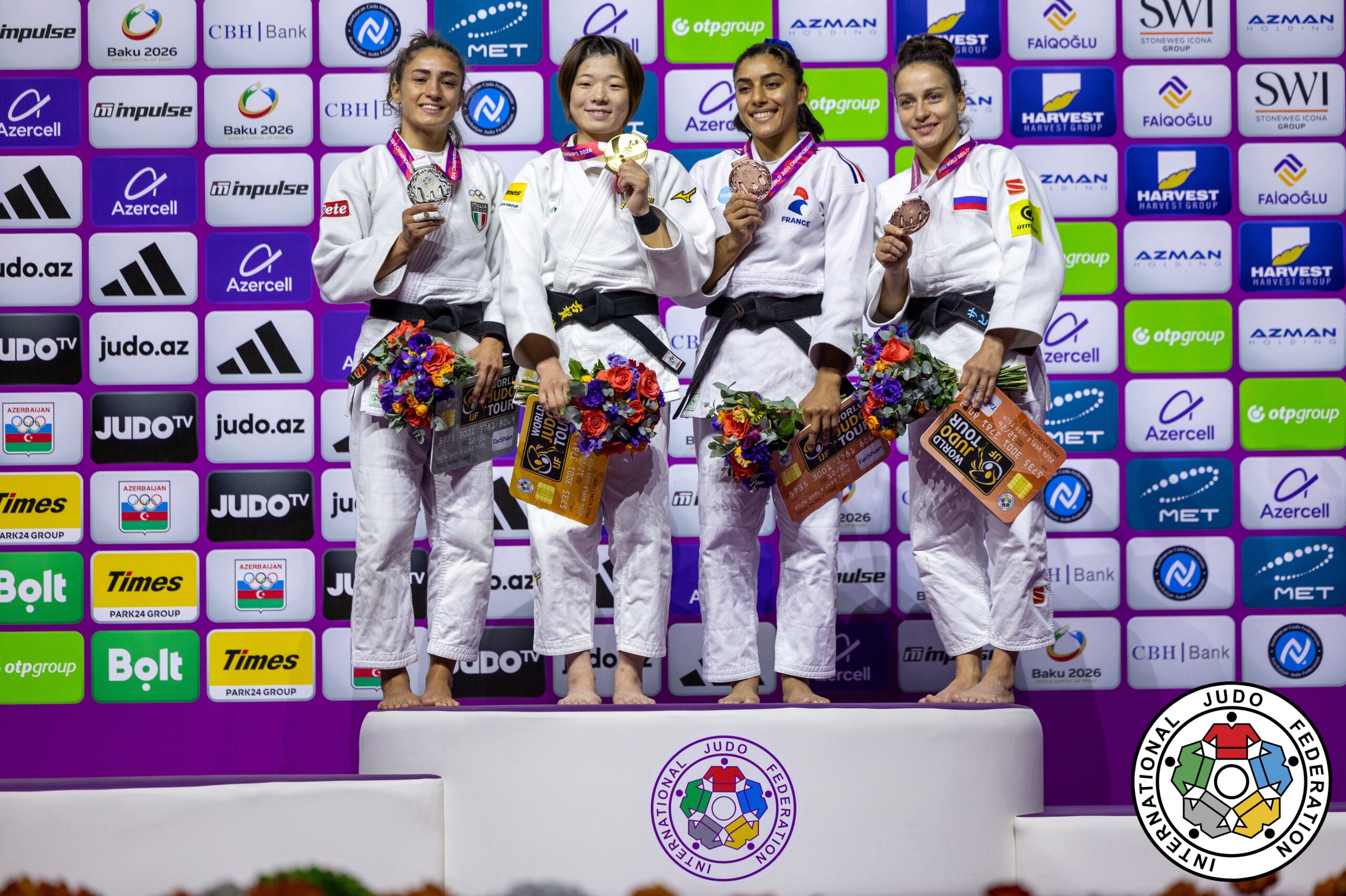 -48kg Medalists. From left, SCUTTO, Assunta, KOGA, Wakana, BOUKLI, Shirine, GILIAZOVA, Sabina.