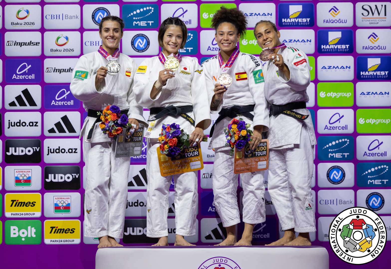-52kg Medalists. From left, TORO SOLER, Ariane, ABE, Uta, LEIVA SANCHEZ, Ayumi, GIUFFRIDA, Odette