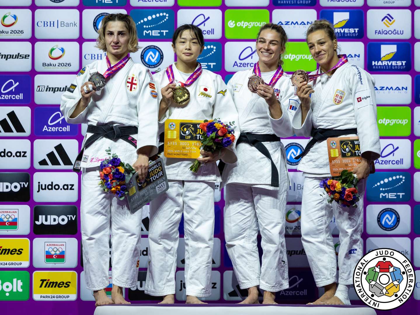 -57kg Medalists. From left, LIPARTELIANI, Eteri, OMORI, Akari, PULJIZ, Ana Viktorija, PERISIC, Marica.