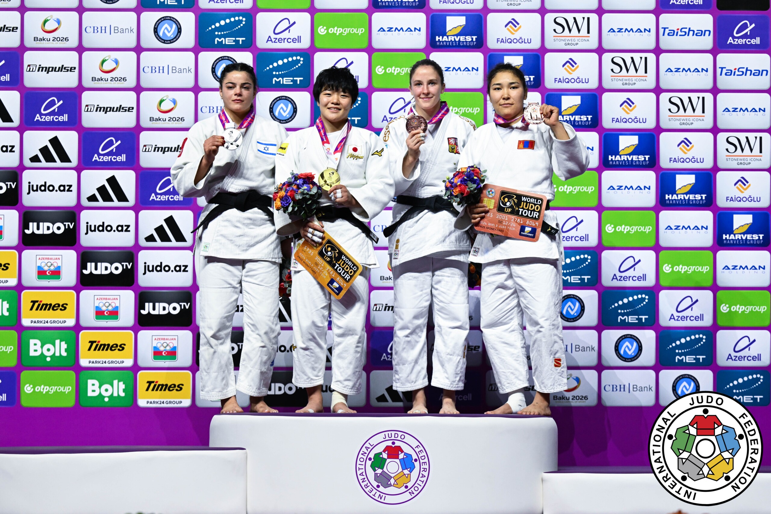 -63kg Medalists. From left, PRIMO, Kerem, KAJU, Haruka, ZACHOVA, Renata, LKHAGVATOGOO, Enkhriilen.